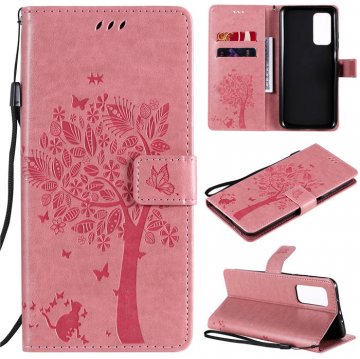 Xiaomi Mi 10T/10T Pro Embossed Tree Cat Butterfly Wallet Stand Case Pink