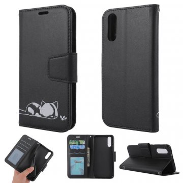 Huawei P20 Cat Pattern Wallet Magnetic Stand Case Black