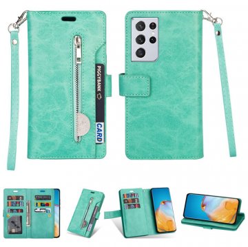 Samsung Galaxy S21/S21 Plus/S21 Ultra Zipper Pocket Wallet Stand Case Green