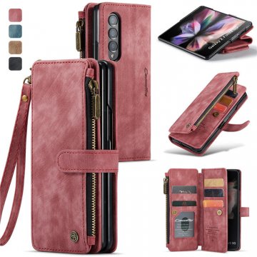 CaseMe Samsung Galaxy Z Fold3 5G Wallet Kickstand Case with Wrist Strap Red