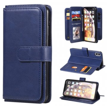 iPhone XS Max Multi-function 10 Card Slots Wallet Leather Case Dark Blue