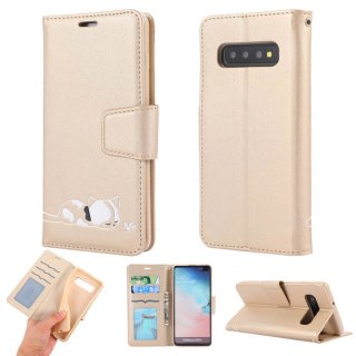 Samsung Galaxy S10 Plus Cat Pattern Wallet Stand Case Gold