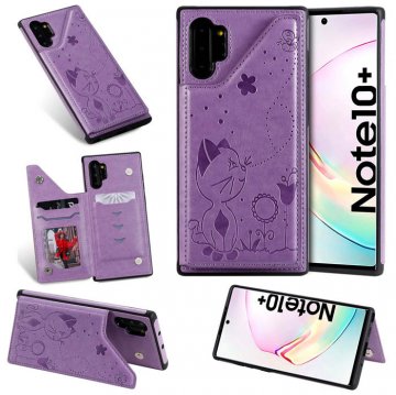 Samsung Galaxy Note 10 Plus Bee and Cat Card Slots Stand Cover Purple