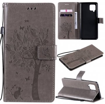 Samsung Galaxy A42 5G Embossed Tree Cat Butterfly Wallet Stand Case Gray