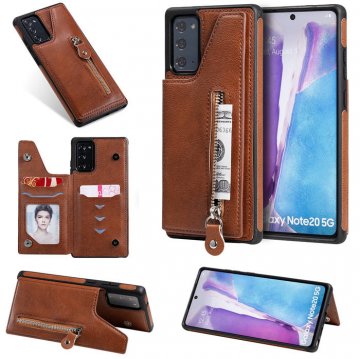 Samsung Galaxy Note 20 Ultra Zipper Pocket Card Slots Magnetic Clasp Stand Case Brown