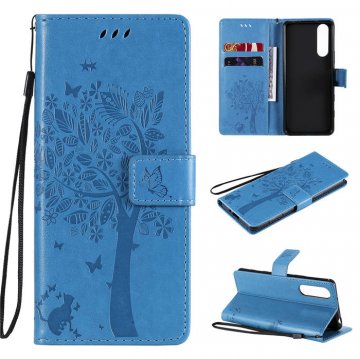 Sony Xperia 5 II Embossed Tree Cat Butterfly Wallet Stand Case Blue