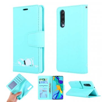 Huawei P30 Cat Pattern Wallet Magnetic Stand Case Mint