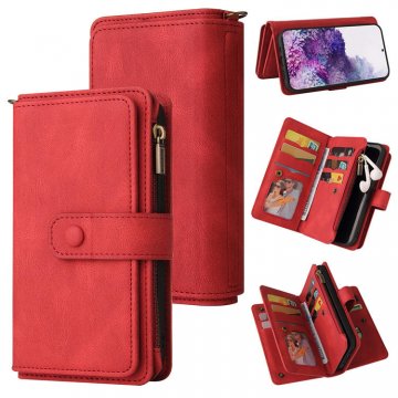 For Samsung Galaxy S20 Plus Wallet 15 Card Slots Case with Wrist Strap Red