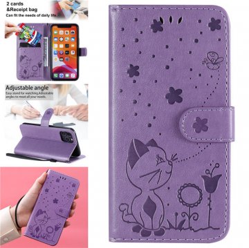 iPhone 11 Pro Embossed Cat Bee Wallet Magnetic Stand Case Purple