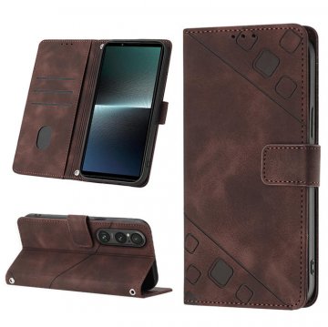 Skin-friendly Sony Xperia 1 V Wallet Stand Case with Wrist Strap Coffee