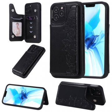 iPhone 12 Pro Luxury Cute Cats Magnetic Card Slots Stand Case Black