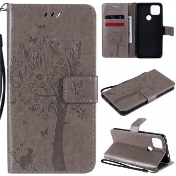 Google Pixel 4A 5G Embossed Tree Cat Butterfly Wallet Stand Case Gray