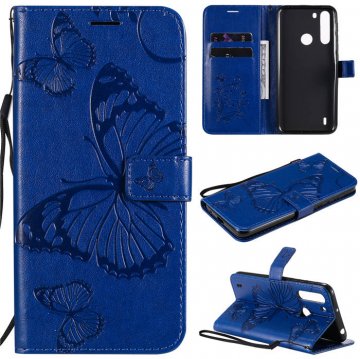 Motorola One Fusion Embossed Butterfly Wallet Magnetic Stand Case Blue