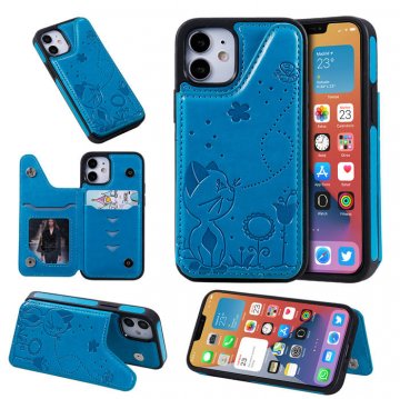 iPhone 12 Mini Luxury Bee and Cat Magnetic Card Slots Stand Cover Blue