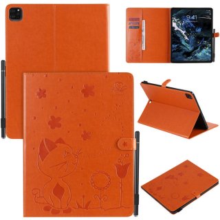 iPad Pro 12.9 inch 2020 Embossed Cat Wallet Stand Leather Case Orange
