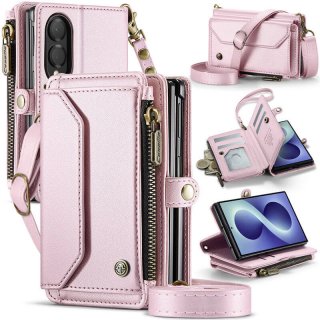 CaseMe Samsung Galaxy Z Fold8 RFID Wallet Case with Crossbody Strap, Zipper Pocket & Wireless Charging Pink