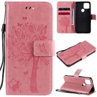 Google Pixel 5 Embossed Tree Cat Butterfly Wallet Stand Case Pink