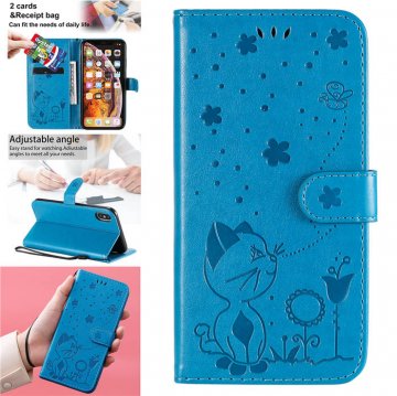 iPhone XS Max Embossed Cat Bee Wallet Magnetic Stand Case Blue