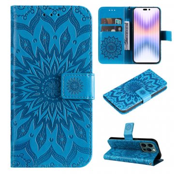 Embossed Sunflower iPhone 14 Pro Max Wallet Magnetic Case Blue