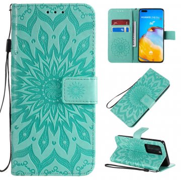 Huawei P40 Pro Embossed Sunflower Wallet Stand Case Green