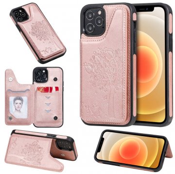 iPhone 12 Pro Luxury Tree and Cat Magnetic Card Slots Stand Cover Rose Gold