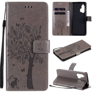 Motorola Edge Plus Embossed Tree Cat Butterfly Wallet Stand Case Gray