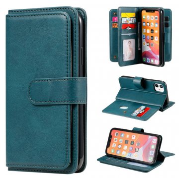 iPhone 11 Multi-function 10 Card Slots Wallet PU Leather Case Dark Green