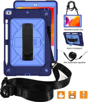iPad 10.2 inch 2019 Kickstand Hand Strap and Detachable Shoulder Strap Shockproof Cover Navy Blue + Blue