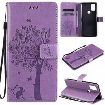 OnePlus Nord N10 5G Embossed Tree Cat Butterfly Wallet Stand Case Lavender