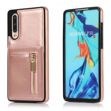 Huawei P30 Zipper Wallet PU Leather Case Cover Rose Gold