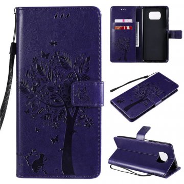 Xiaomi Poco X3 NFC Embossed Tree Cat Butterfly Wallet Stand Case Purple