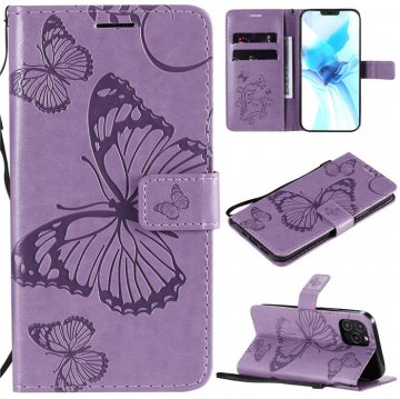 iPhone 12 Pro Embossed Butterfly Wallet Magnetic Stand Case Purple