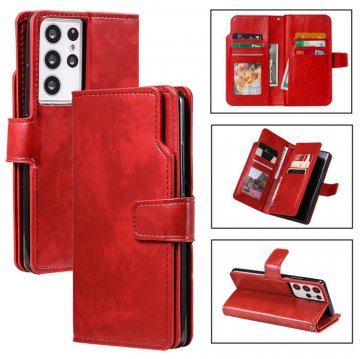 Samsung Galaxy S21 Ultra Wallet 9 Card Slots Magnetic Case Red