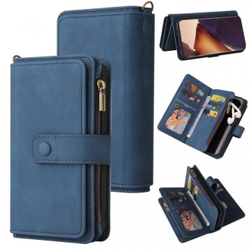 For Samsung Galaxy Note 20 Ultra Wallet 15 Card Slots Case with Wrist Strap Blue