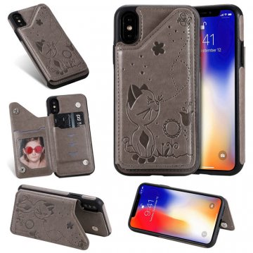 iPhone X Bee and Cat Embossing Magnetic Card Slots Stand Cover Gray