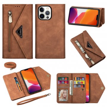 iPhone 13 Pro Crossbody Lanyard Zipper Pocket Wallet Case Brown