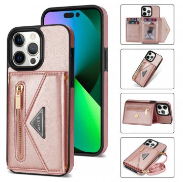 Crossbody Zipper Wallet iPhone 14 Pro Case With Strap Rose Gold