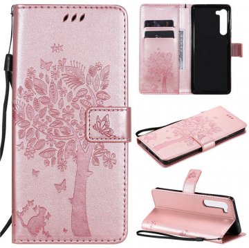 Motorola Edge Embossed Tree Cat Butterfly Wallet Stand Case Rose Gold