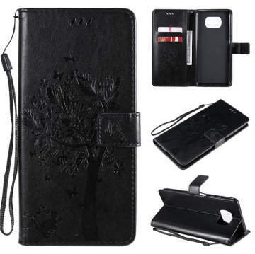 Xiaomi Poco X3 NFC Embossed Tree Cat Butterfly Wallet Stand Case Black