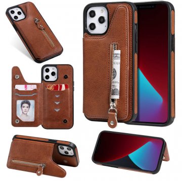 iPhone 12 Pro Max Zipper Pocket Card Slots Magnetic Clasp Stand Case Brown