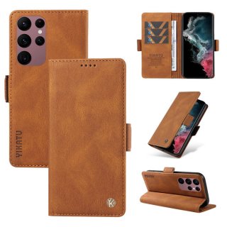 YIKATU Samsung Galaxy S22 Ultra Skin-touch Wallet Kickstand Case Brown