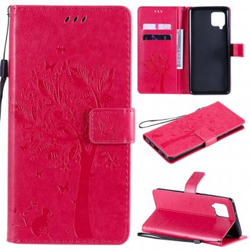 Samsung Galaxy A42 5G Embossed Tree Cat Butterfly Wallet Stand Case Rose