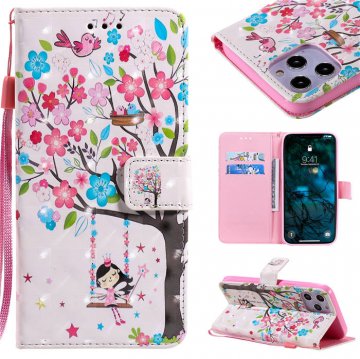 iPhone 12 Pro Max Flower Tree Swing Girl Painted Wallet Magnetic Kickstand Case
