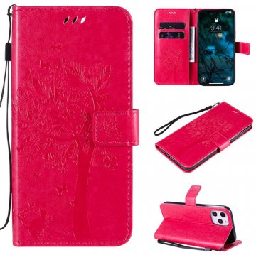 iPhone 12 Pro Max Embossed Tree Cat Butterfly Wallet Stand Case Rose