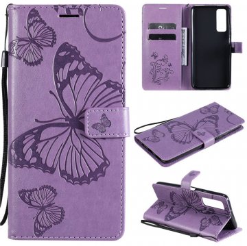 Huawei P Smart 2021 Embossed Butterfly Wallet Magnetic Stand Case Purple