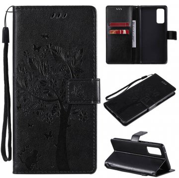 Samsung Galaxy S20 FE Embossed Tree Cat Butterfly Wallet Stand Case Black