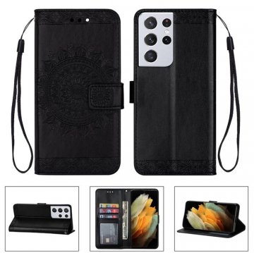 Samsung Galaxy S21/S21 Plus/S21 Ultra Wallet Embossed Totem Pattern Stand Case Black