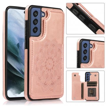 Mandala Embossed Samsung Galaxy S21 FE Case with Card Holder Rose Gold