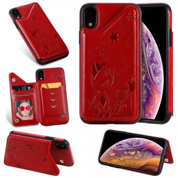 iPhone XR Bee and Cat Embossing Magnetic Card Slots Stand Cover Red