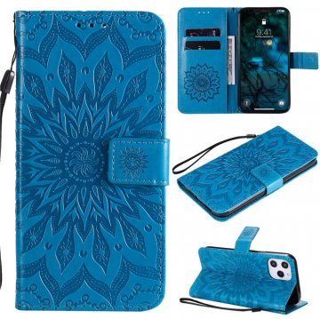 iPhone 12 Pro Max Embossed Sunflower Wallet Magnetic Stand Case Blue
